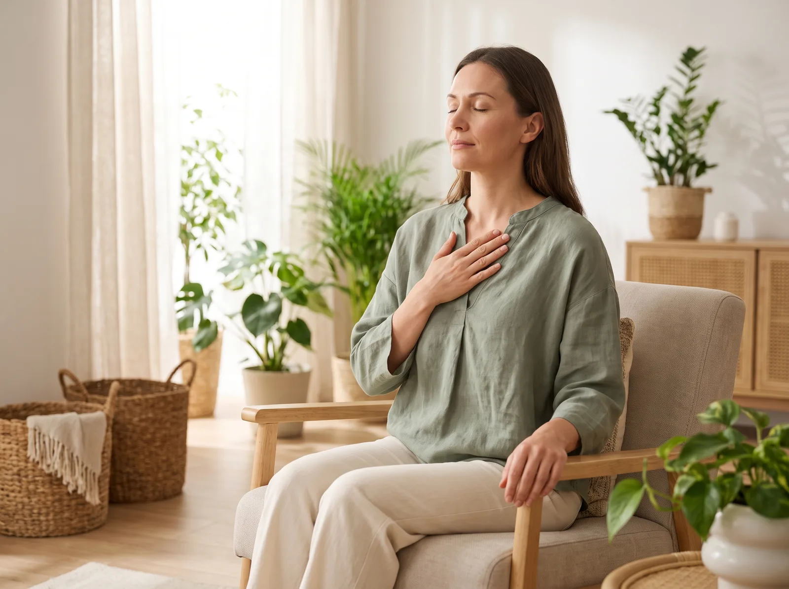 A person sitting tall with an open chest, eyes closed, taking a calm deep breath