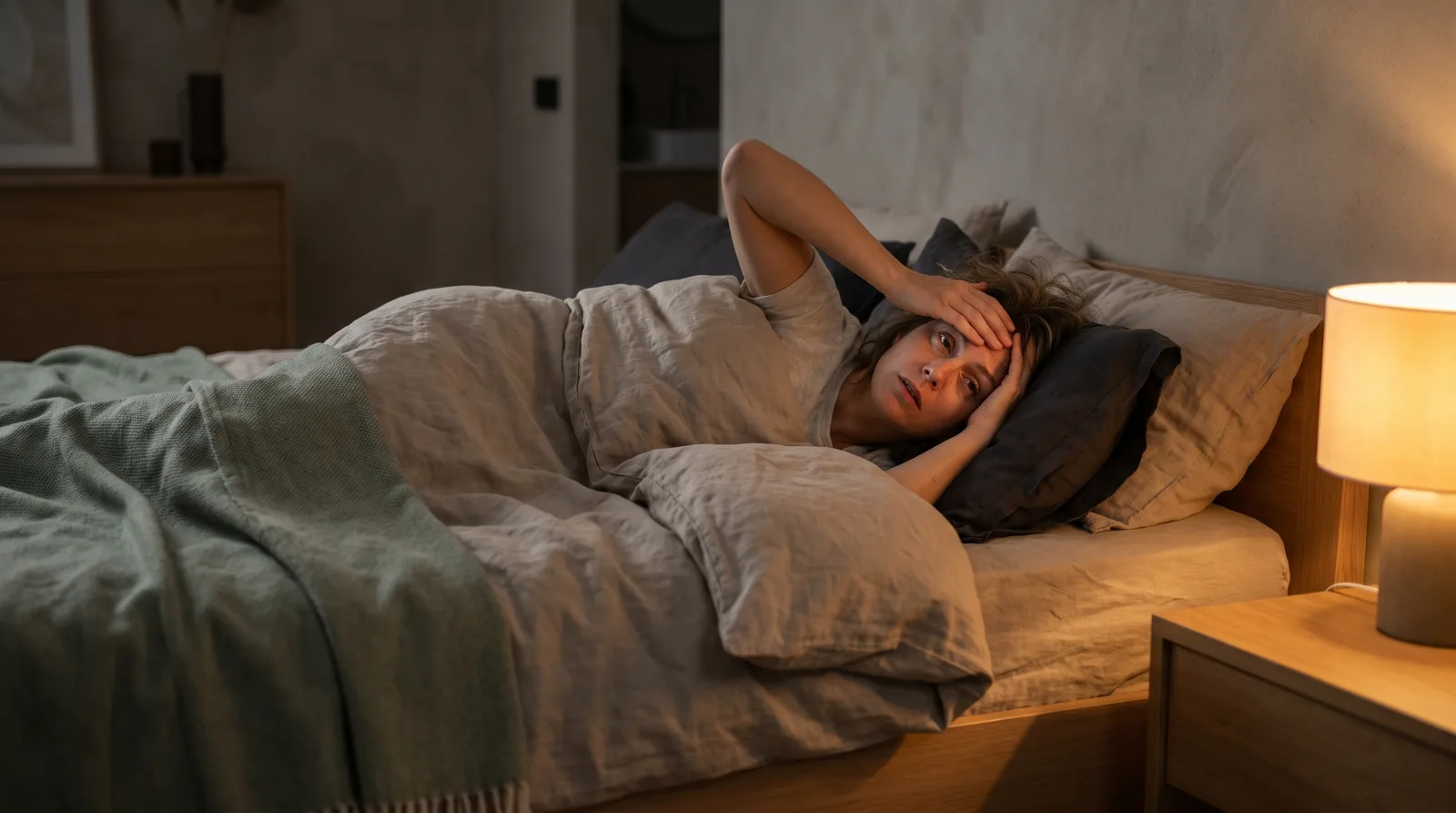 Una persona acostada despierta en la cama por la noche, sin poder dormir