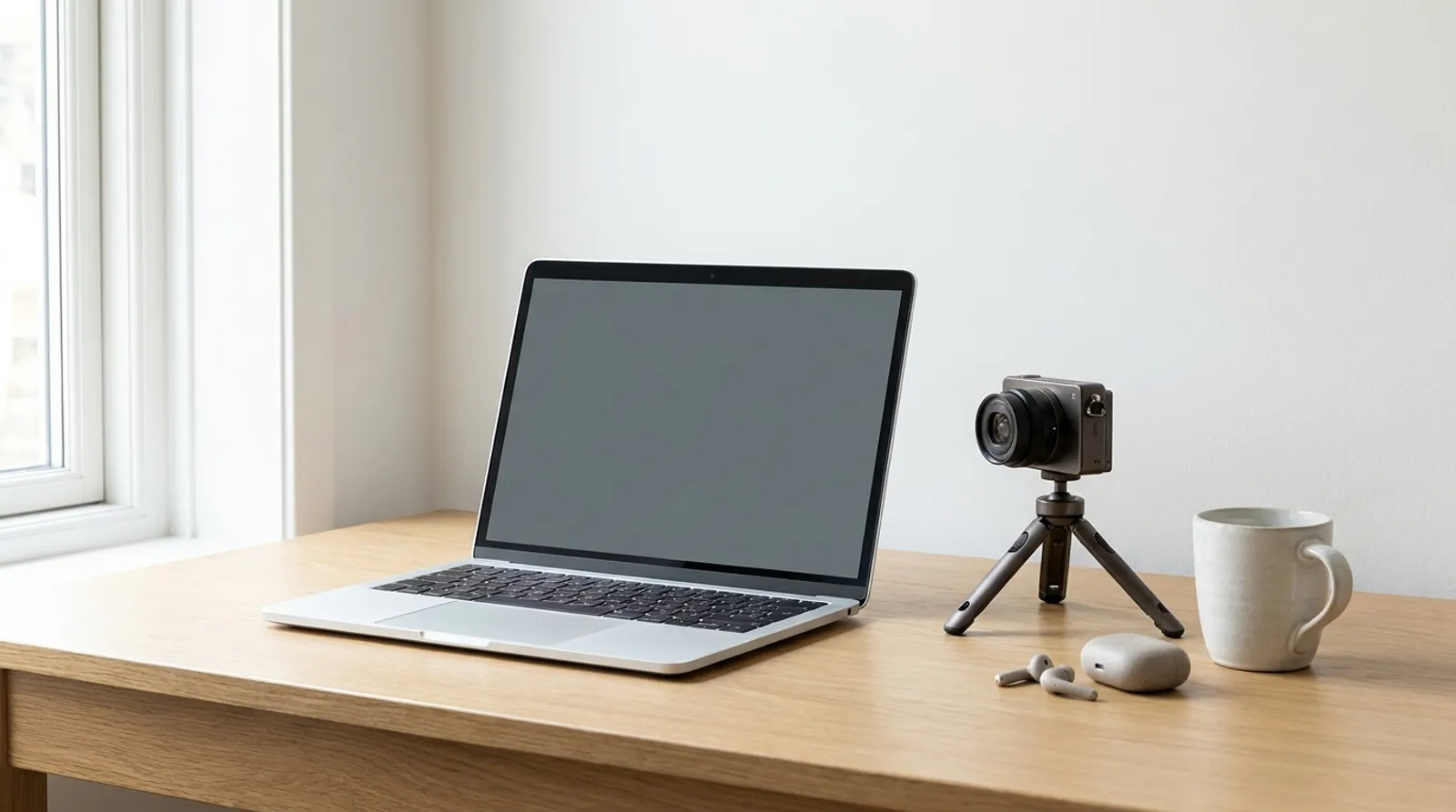 Un escritorio minimalista con un portátil fino de aluminio, una cámara pequeña en un trípode apuntando de lado, auriculares y una taza