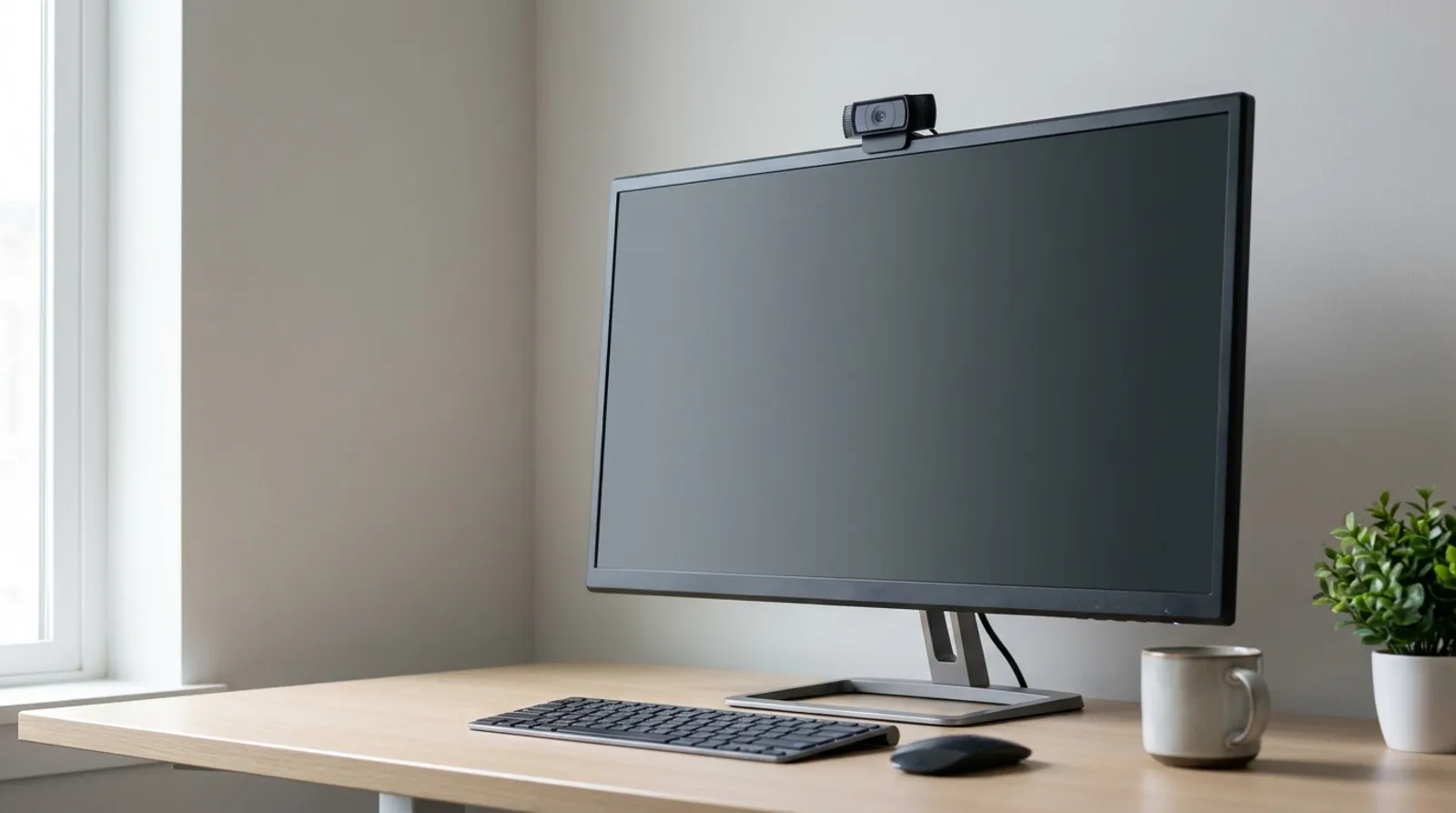 Un escritorio ordenado con un monitor panorámico, una pequeña webcam encima, un teclado y una taza