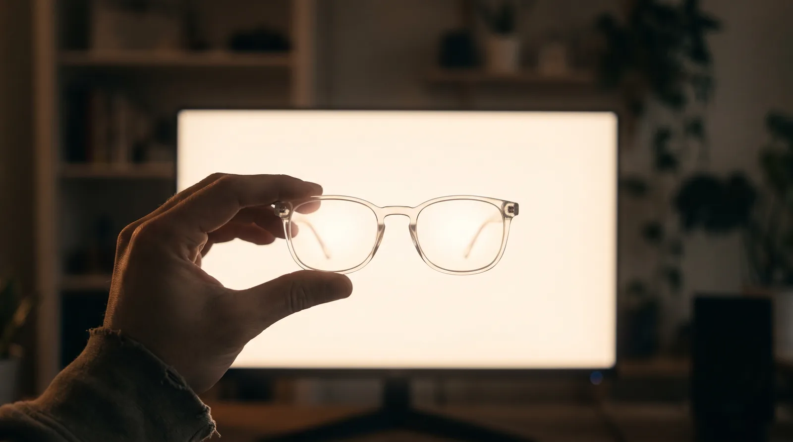 Unas gafas sostenidas frente a la pantalla brillante de un ordenador