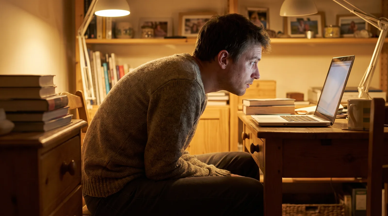 Una oficinista frente a un portátil al final del día, con la cabeza desplazada hacia delante sobre el teclado, los hombros encorvados, luz cálida de interior, sin texto