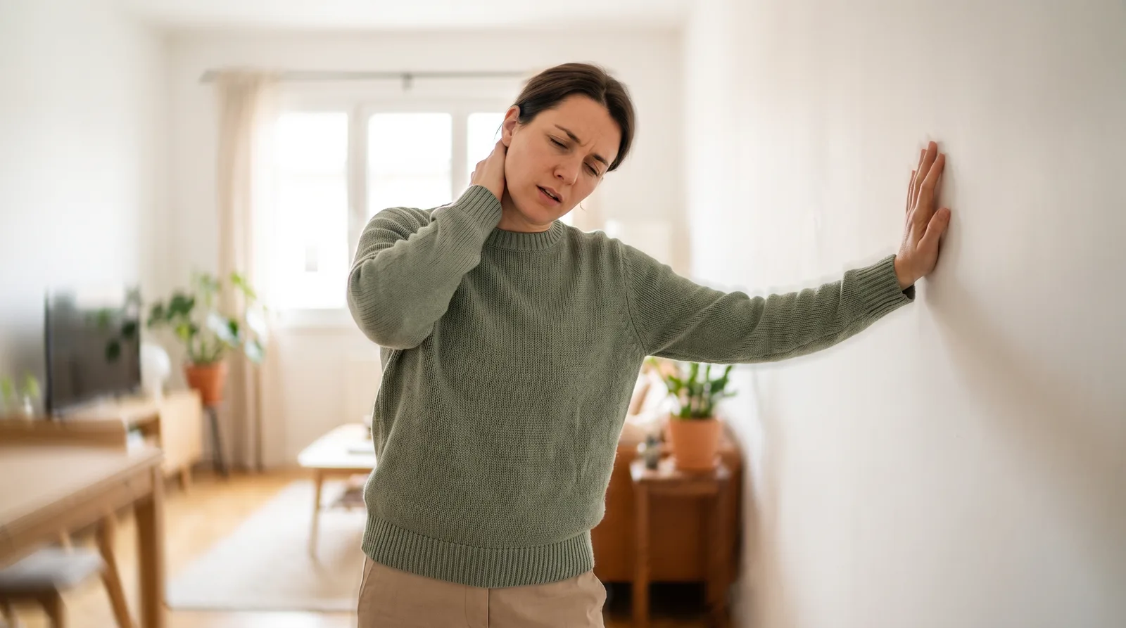 Una persona apoyándose en una pared con una mano, la otra en la nuca de un cuello rígido, con aspecto de estar inestable
