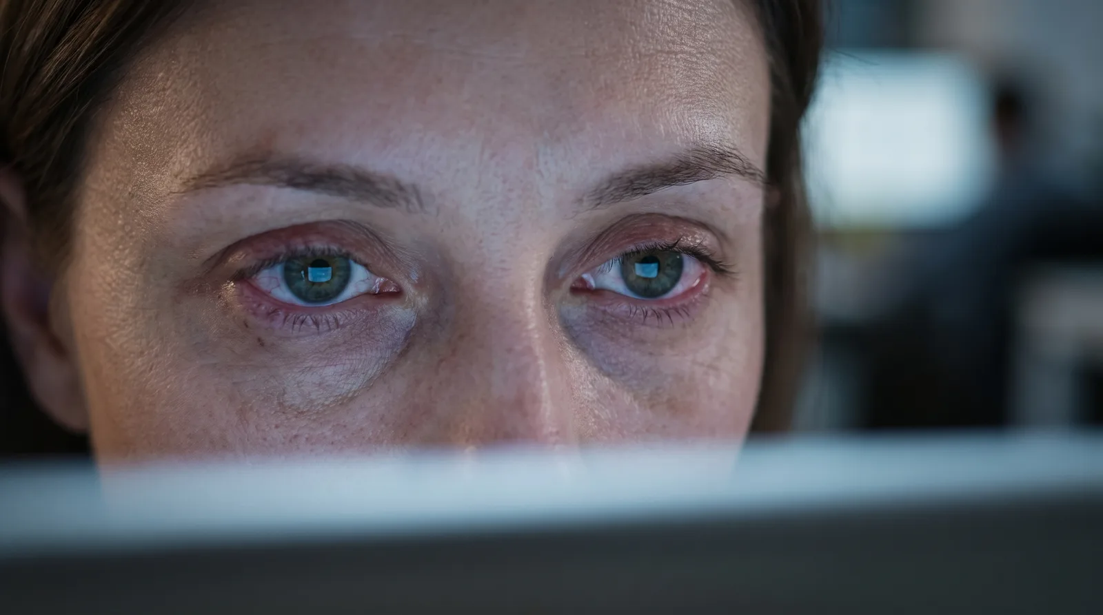 Vista de cerca de unos ojos cansados y fatigados iluminados por el resplandor de una pantalla
