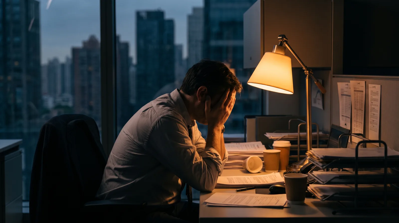 Una persona cansada frente a su escritorio al anochecer, con la energía visiblemente agotada, hundiéndose poco a poco en una postura encorvada bajo una luz cálida y tenue, sin texto