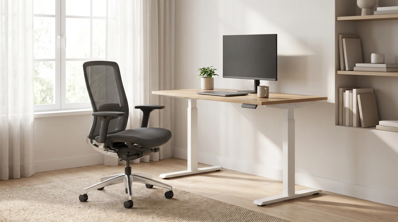 Una silla de oficina ergonómica vacía junto a un escritorio de pie de altura regulable