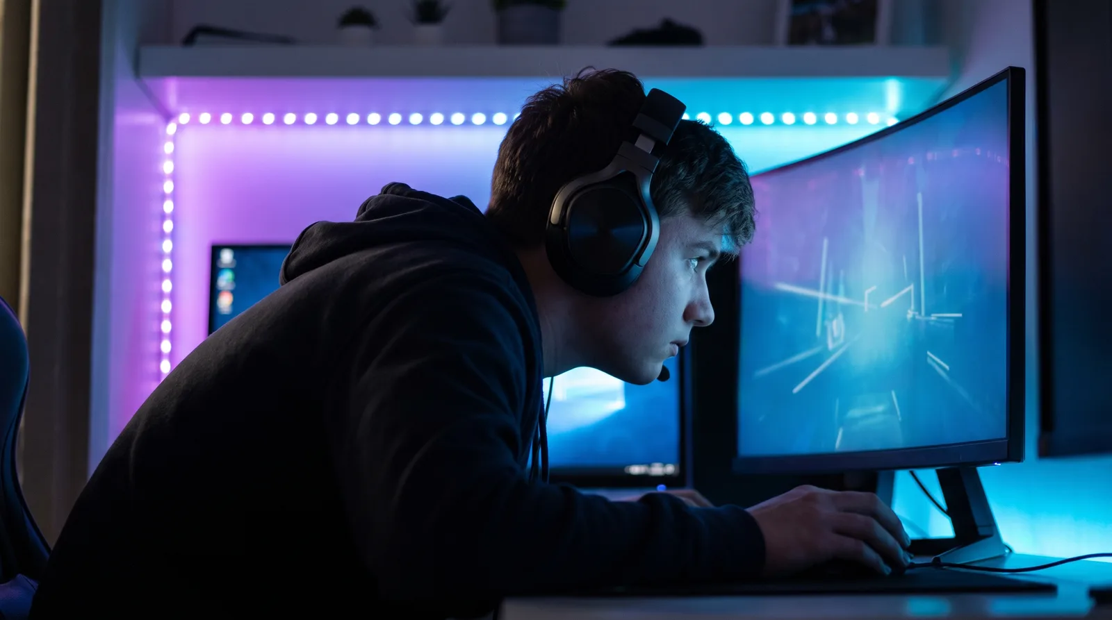Un gamer en su setup con auriculares, inclinado hacia delante frente a un monitor brillante en una habitación en penumbra, con la cabeza asomando por delante de los hombros, sin texto