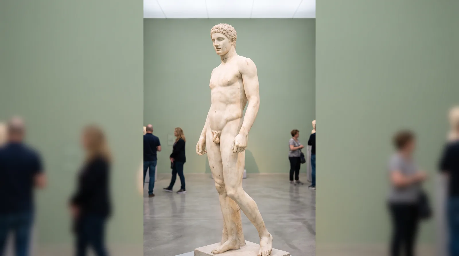 Una estatua griega clásica de mármol de un atleta erguido y de pie en un museo luminoso, con la columna larga y equilibrada