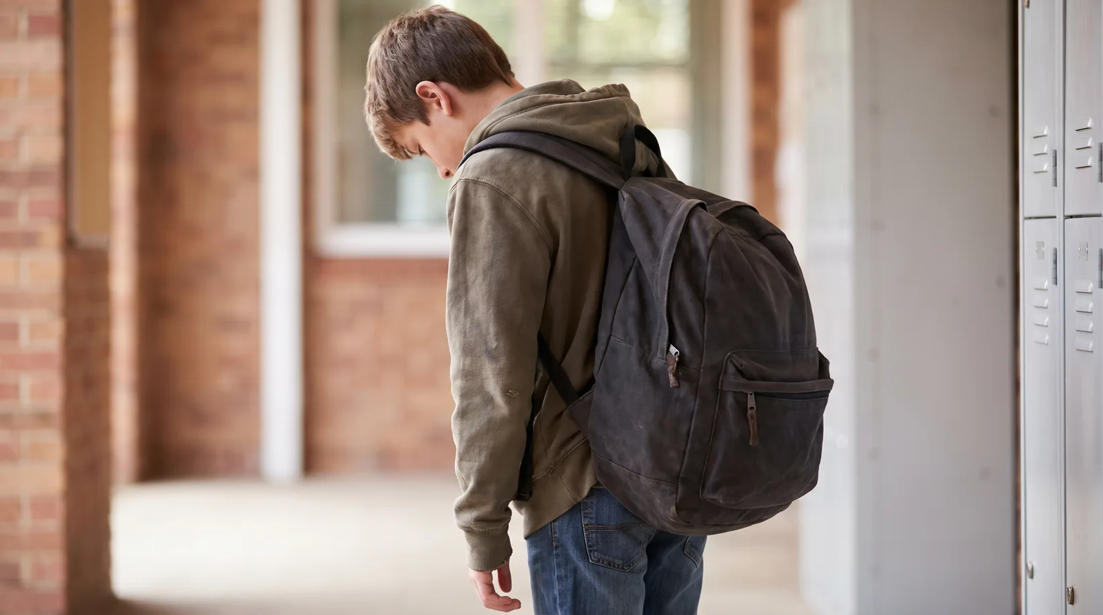 Un estudiante joven cargando una mochila escolar muy llena y pesada