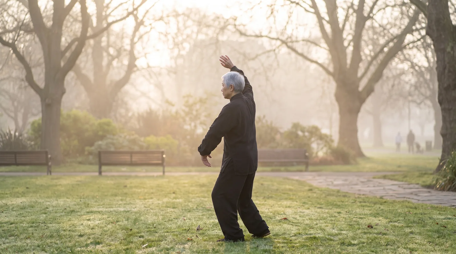 Un practicante mayor de Tai Chi de pie, muy erguido, en un parque al amanecer, a mitad de un movimiento, con la columna larga y centrada
