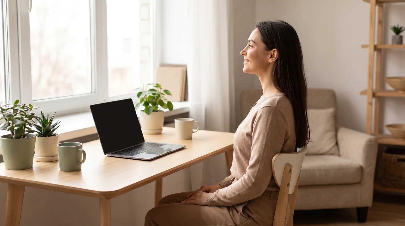 Una persona sentada erguida y relajada en un escritorio luminoso, con aspecto tranquilo y lleno de energía