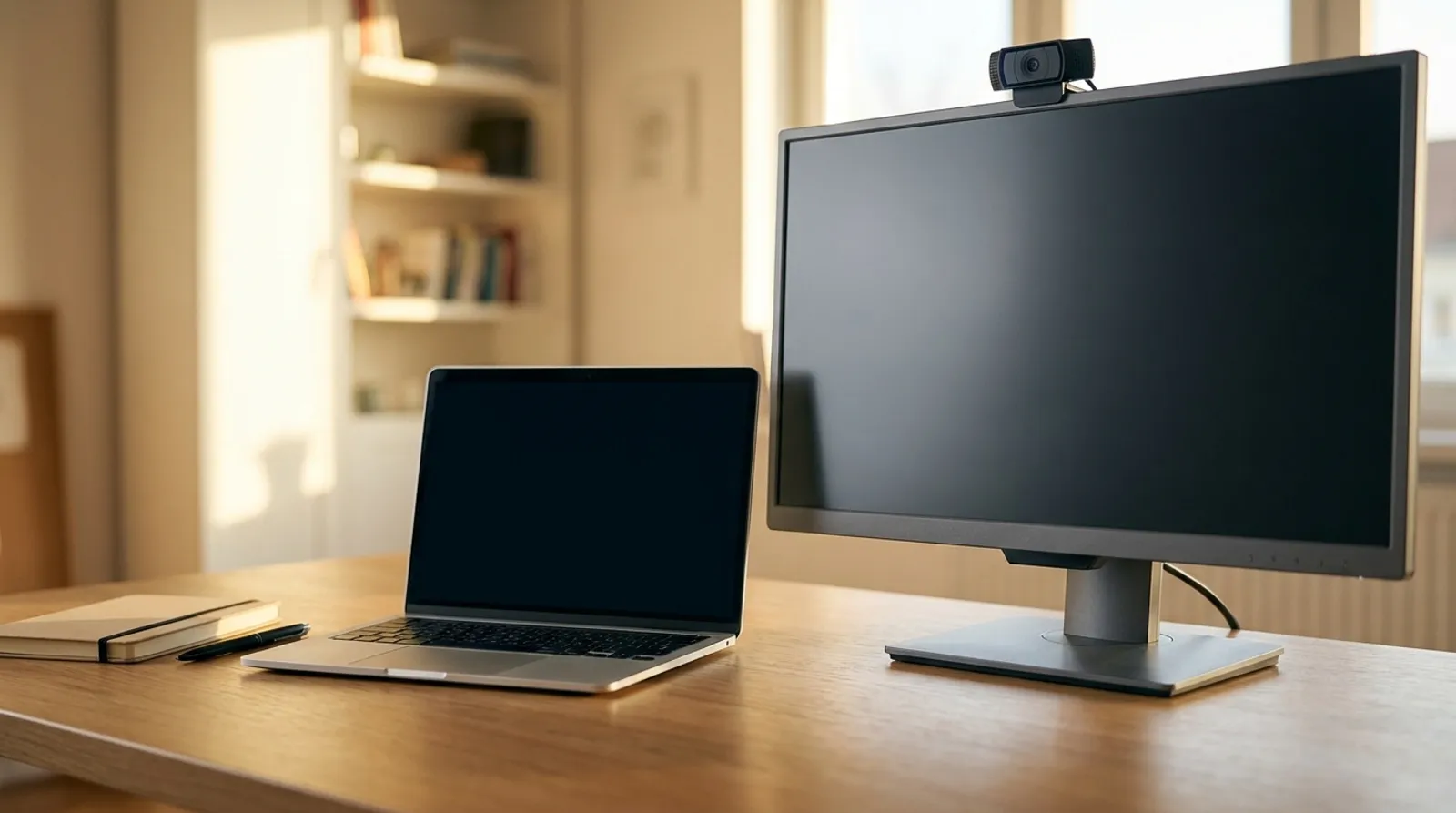 Ein Schreibtisch mit einem silbernen Laptop und einem separaten Monitor nebeneinander, darauf eine Webcam