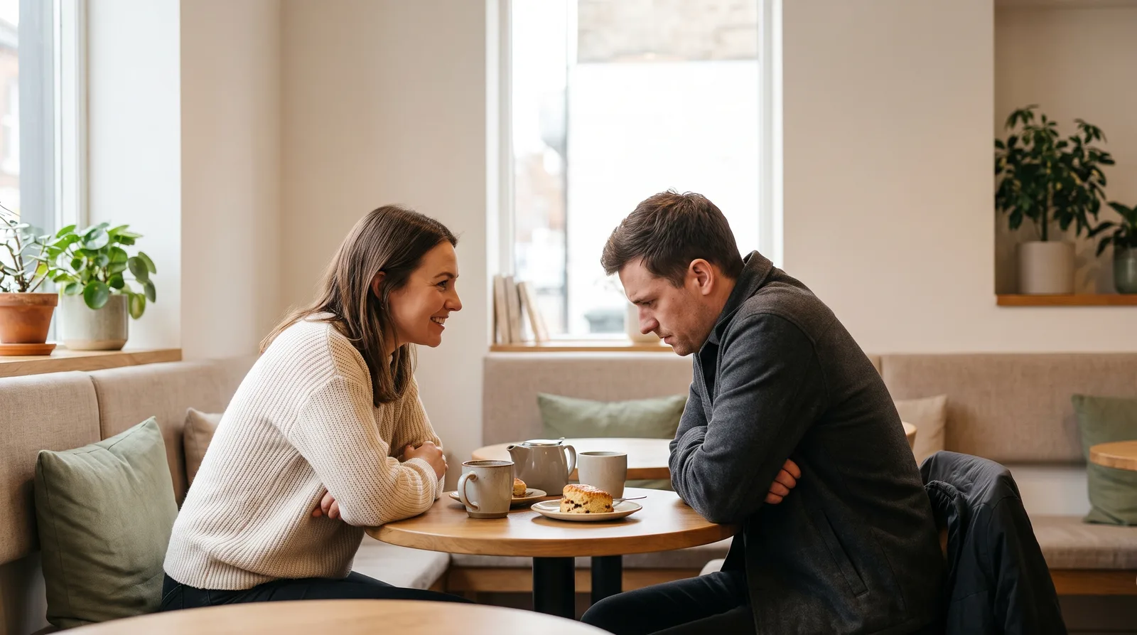 Dos personas en una primera cita en la mesa de una cafetería, una sentada abierta y erguida, la otra encorvada y cerrada