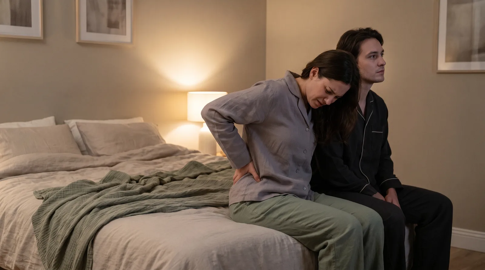 Una pareja sentada al borde de la cama de noche, de espaldas el uno al otro, uno frotándose la zona lumbar dolorida
