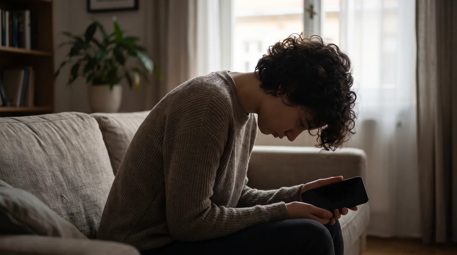 Una persona encorvada muy abajo sobre un smartphone, con la cabeza caída muy hacia delante