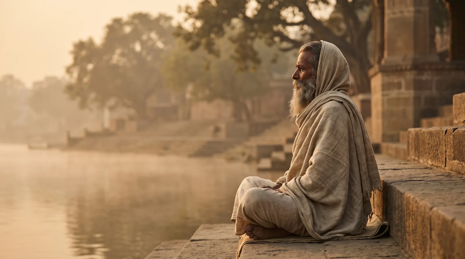 Una persona mayor con aire de sabio, sentada erguida en meditación a la orilla de un río al amanecer en un paisaje de la antigua India, la columna larga y erguida, la niebla elevándose sobre el agua