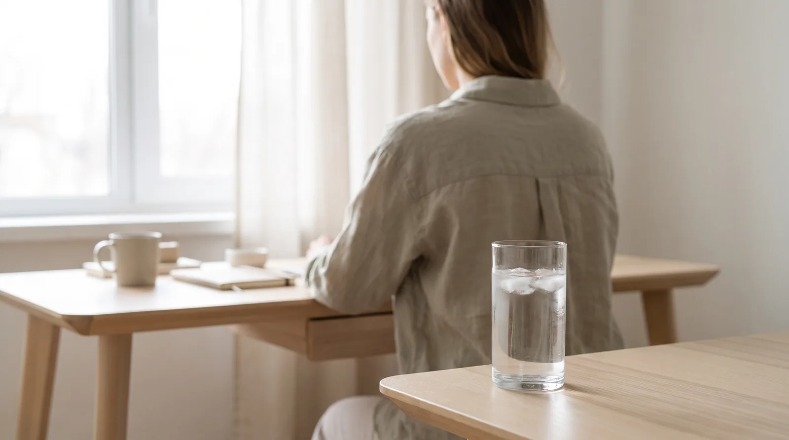Un vaso alto de agua sobre un escritorio junto a la columna de una persona en enfoque suave, luz de la mañana, ambiente limpio y clínico, sin texto