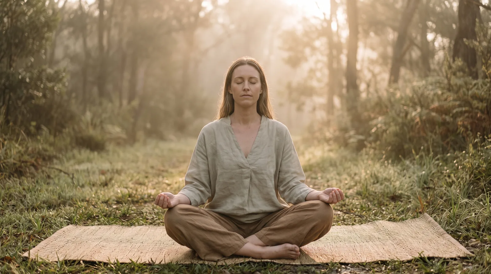 Una persona sentada con las piernas cruzadas en una postura de meditación serena al amanecer, la columna larga y perfectamente erguida, la cabeza equilibrada y elevada, con la suave luz de la mañana