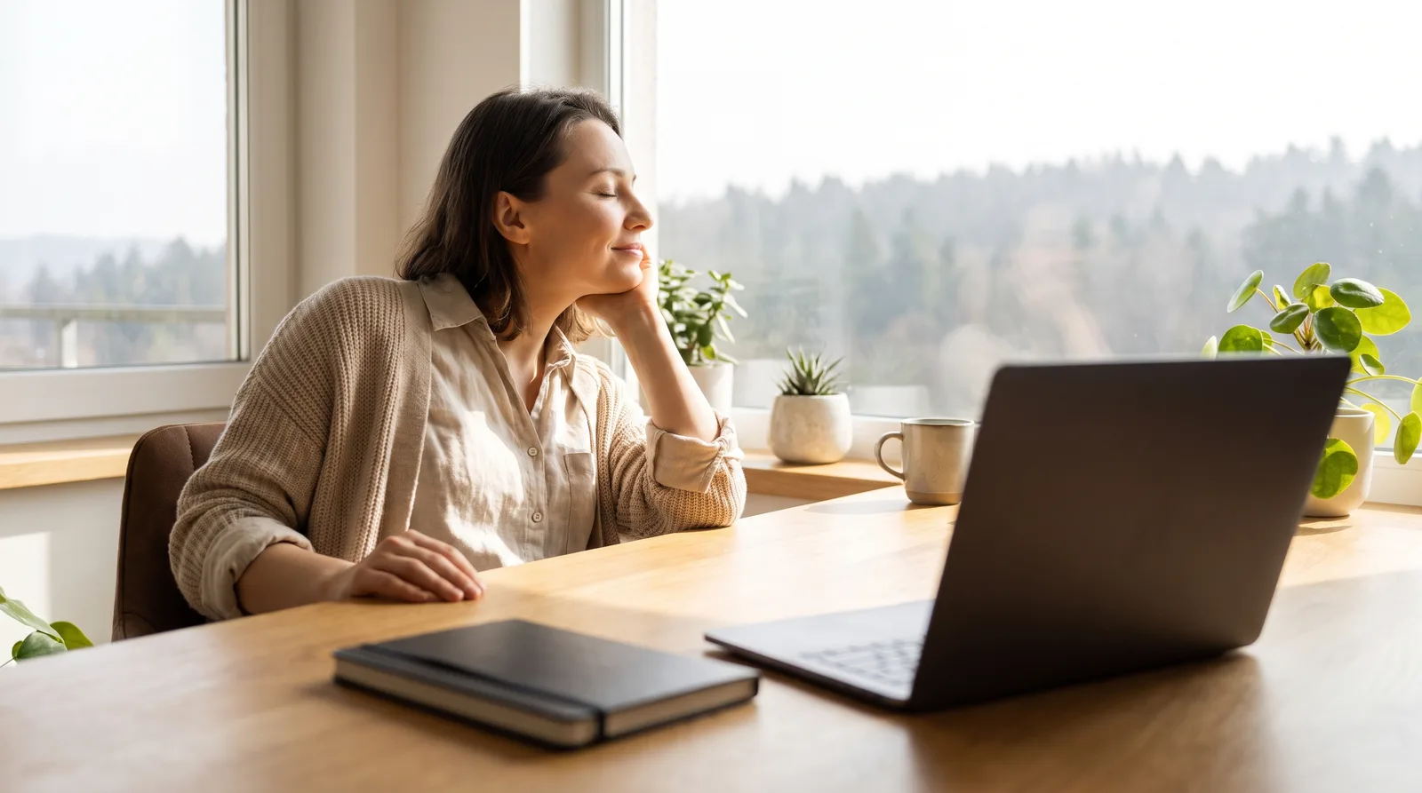 A person at a desk pausing to look out of a window toward the distance, away from the screen