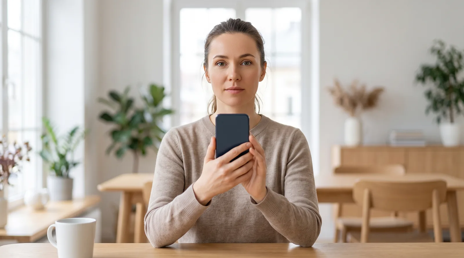 A person holding their phone up near eye level, neck tall and relaxed