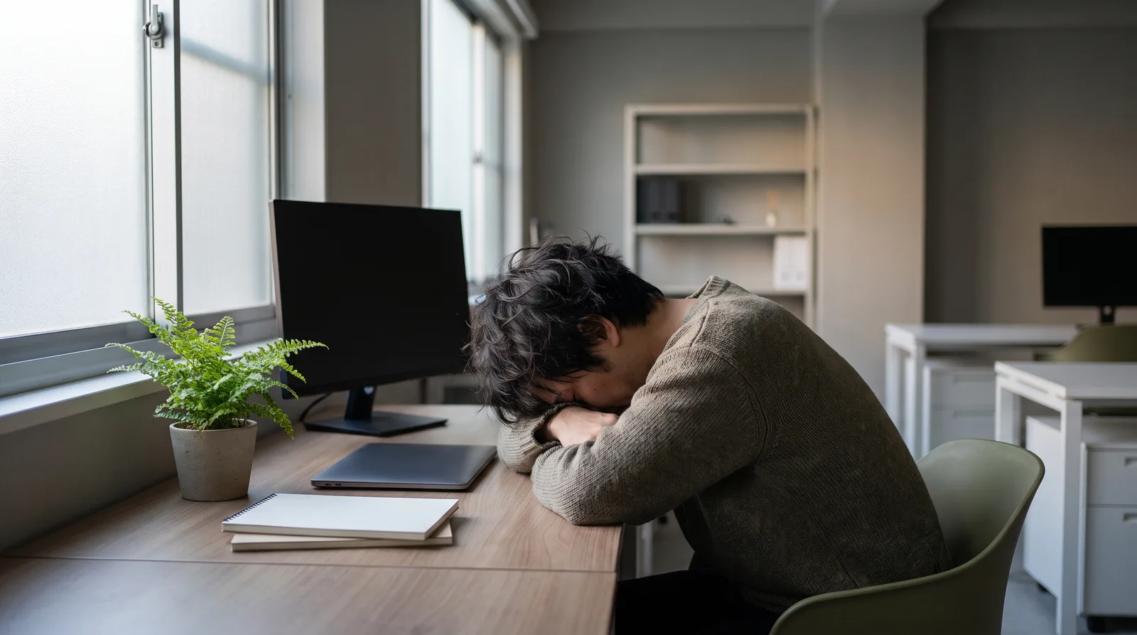 A person slumped and hunched forward at their desk, looking tired and low on energy