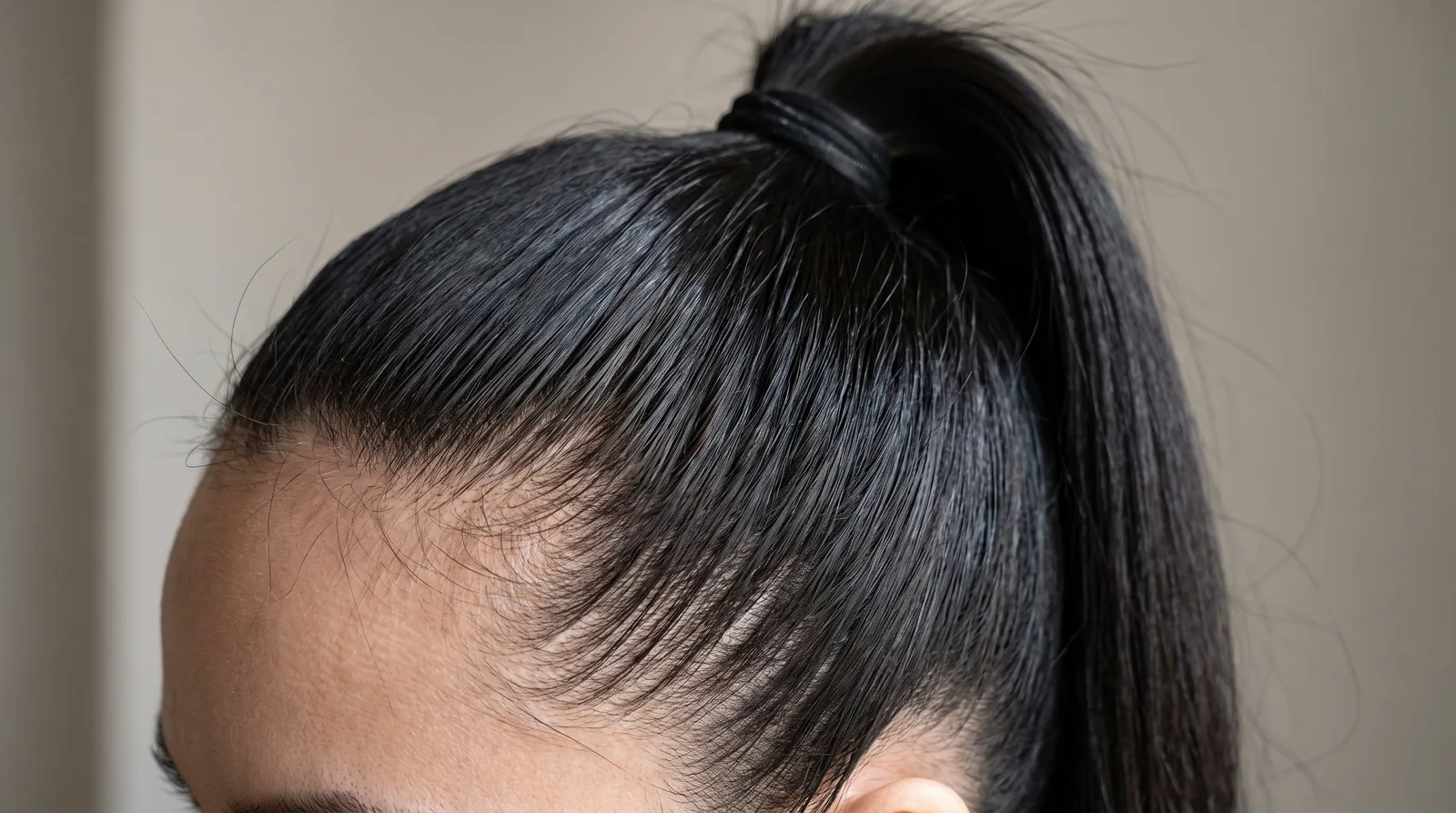 Haare zu einem sehr straffen hohen Pferdeschwanz gebunden, der Haaransatz sichtbar gespannt